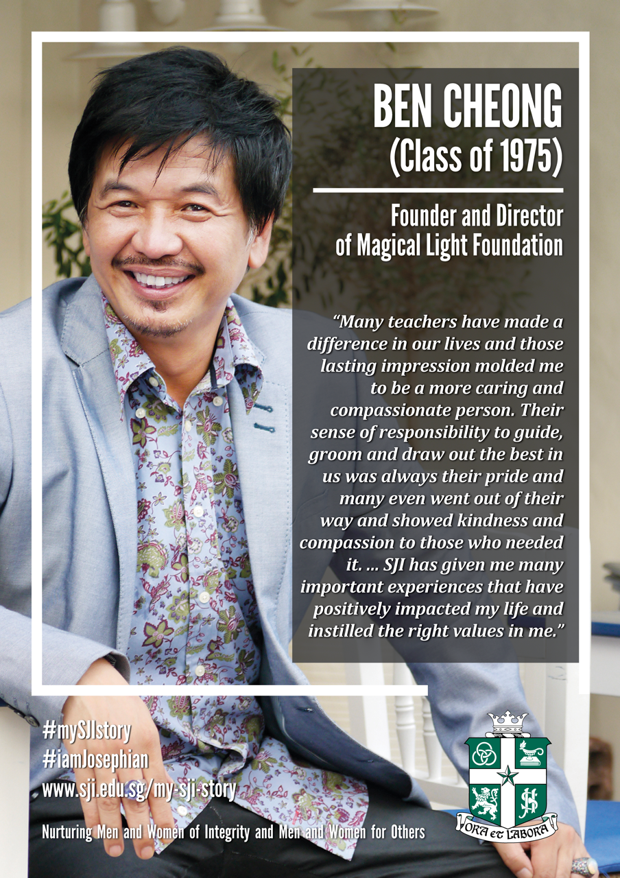 Smiling man in floral shirt and blazer beside text naming him Ben Cheong, Class of 1975, SJI alumnus.